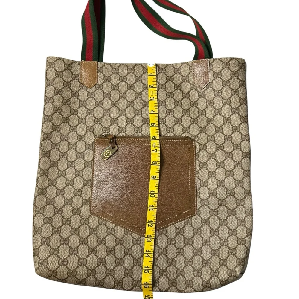 GUCCI Vintage GG Supreme Web Tote Bag Monogram Canvas Brown Leather Italy - Picture 13 of 16